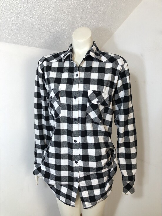 Matchstick Tops - Matchstick Womens Medium Flannel Shirt Black White Buffalo Check Roll Tab Sleeve